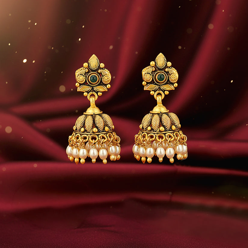 Antique Gold Plated Temple Style Dome 925 Sterling Silver Pearl Drop Jhumka for Women