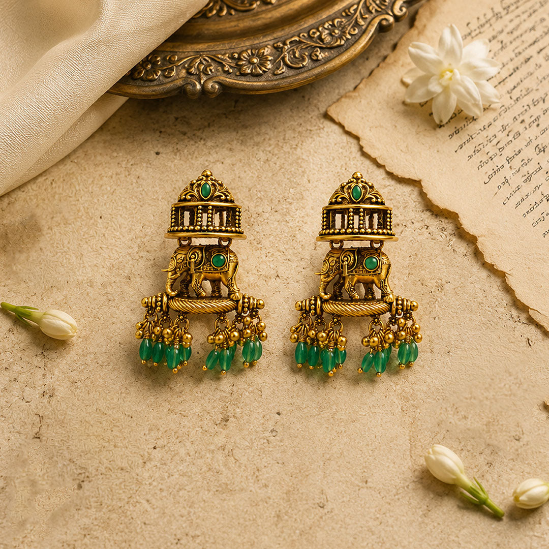 Antique Gold Royal Elephant Jhumka Earrings