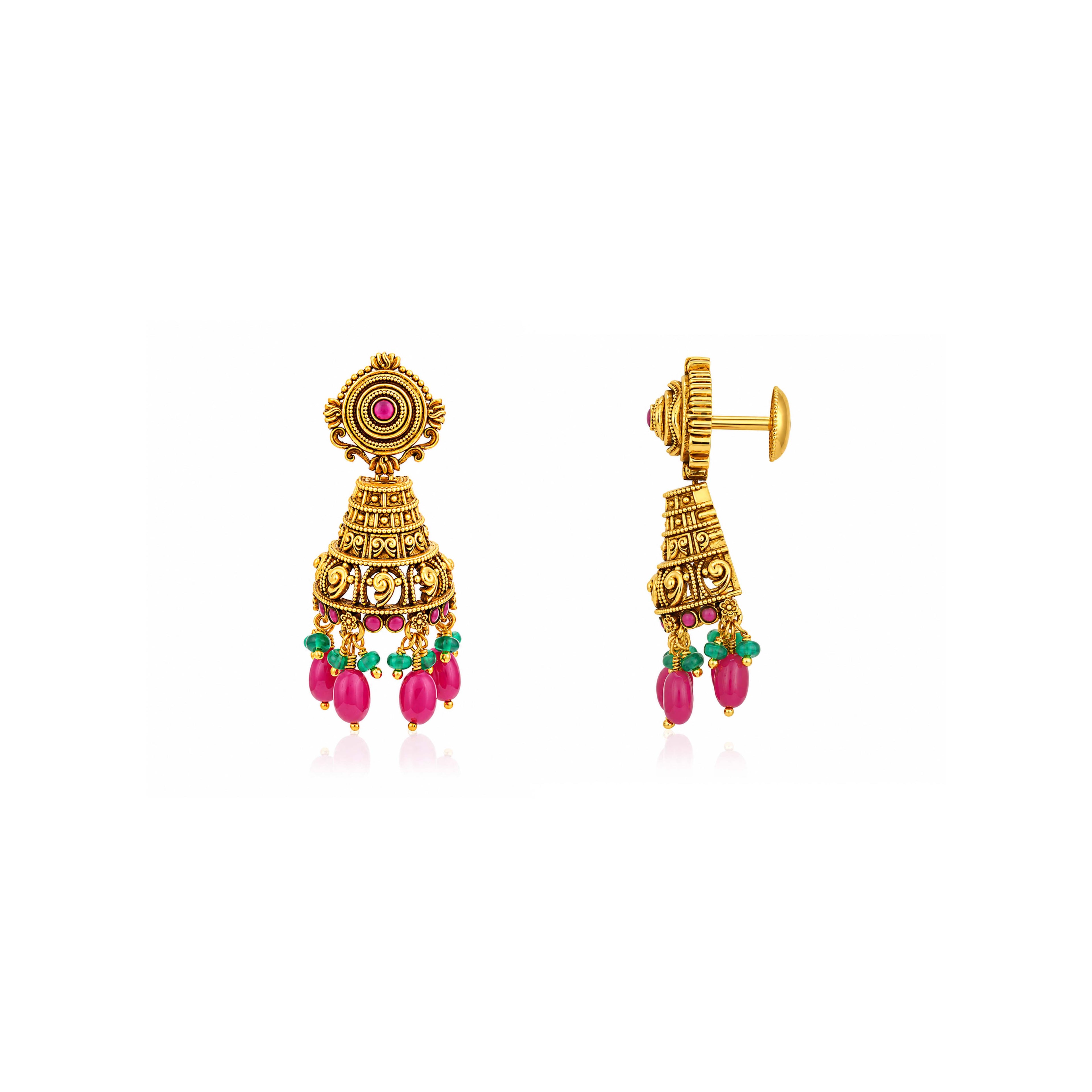 Antique Gold Temple Jhumka Earrings with Ruby Pink Beads