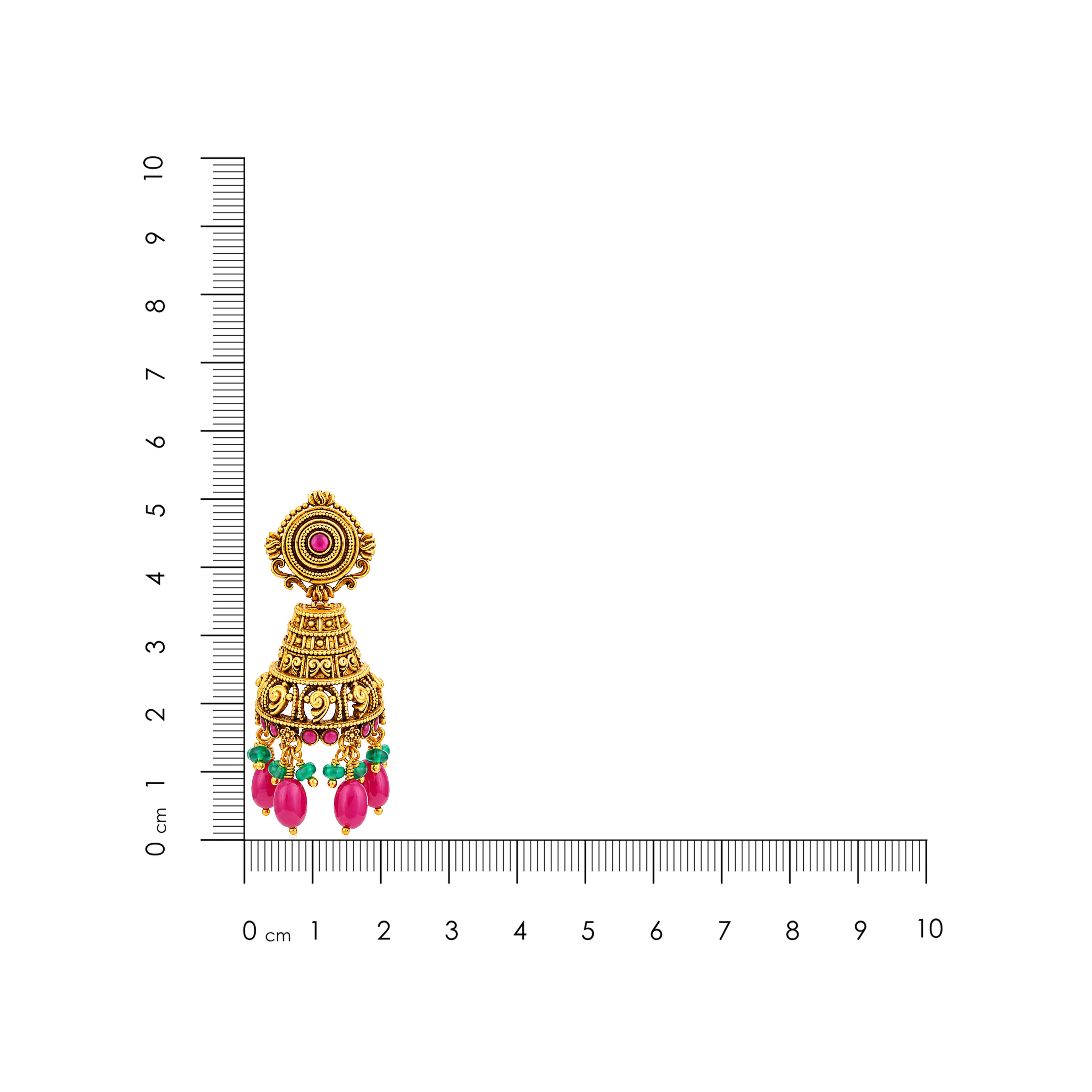 Antique Gold Temple Jhumka Earrings with Ruby Pink Beads