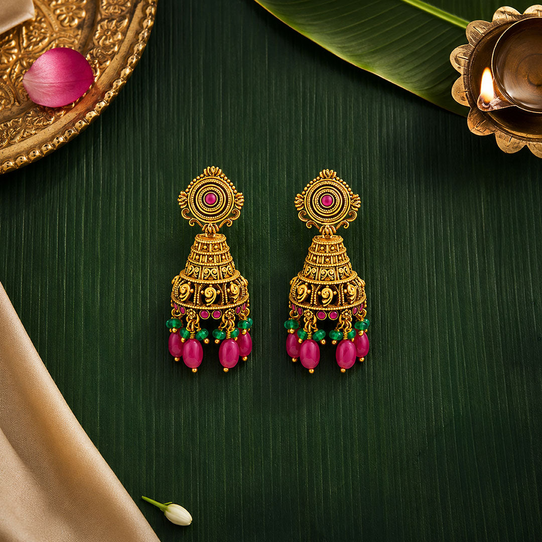 Antique Gold Temple Jhumka Earrings with Ruby Pink Beads