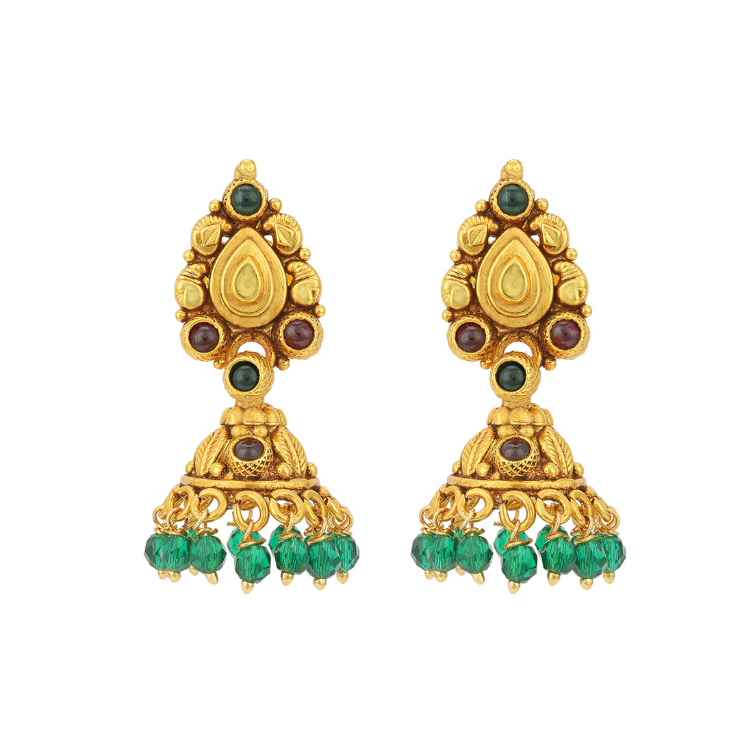 Antique Golden Paisley Green Bead Drop 925 Sterling Silver Jhumka for Women