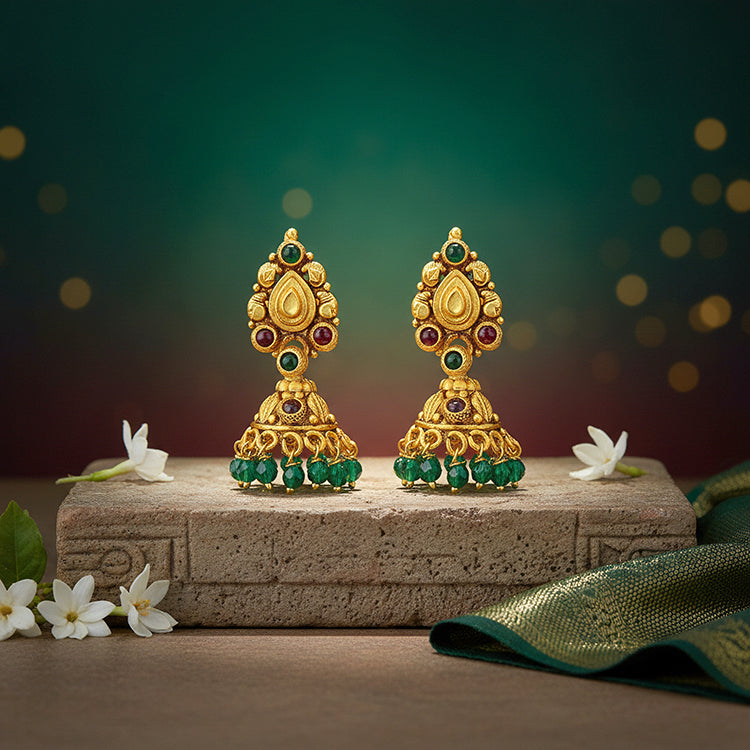 Antique Golden Paisley Green Bead Drop 925 Sterling Silver Jhumka for Women