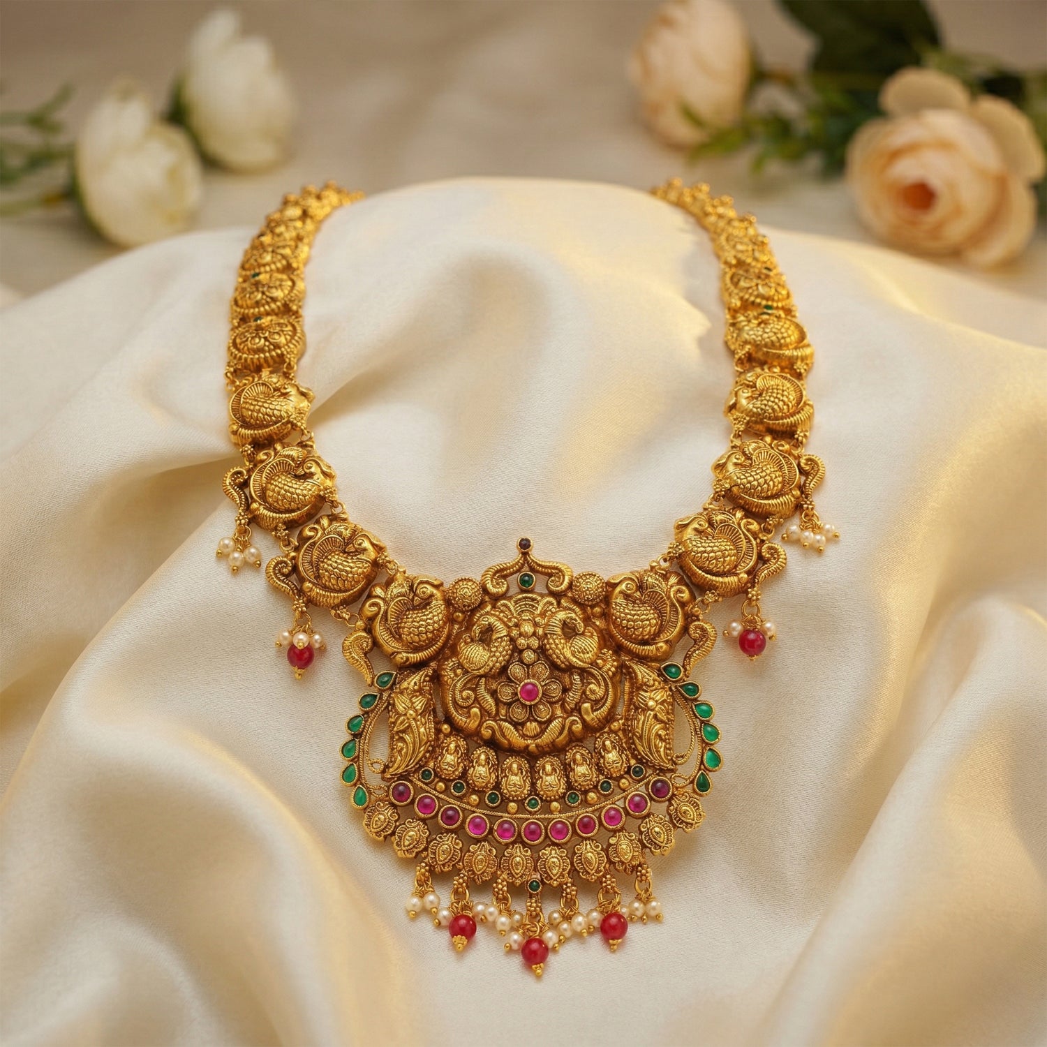 Antique Golden Temple Peacock Accent 925 Sterling Silver Pearl Drop Haram for Women