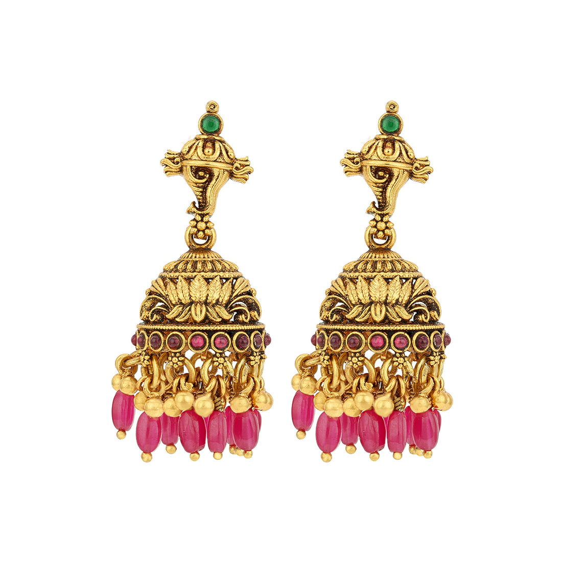 Antique Green Pink Stone Ganesha Motif Lotus Dome 925 Sterling Silver Pink Bead Drop Jhumka for Women