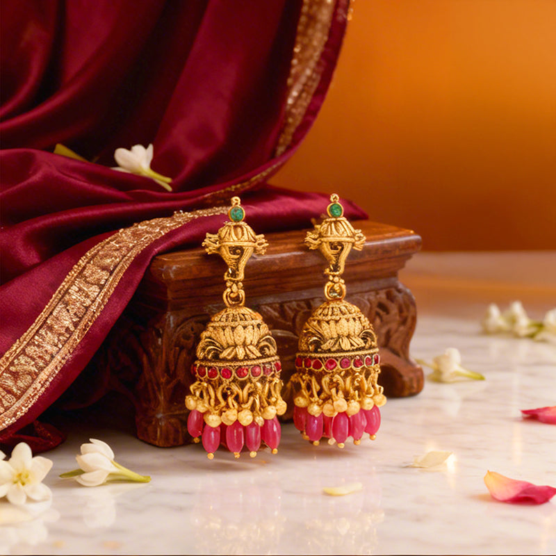 Antique Green Pink Stone Ganesha Motif Lotus Dome 925 Sterling Silver Pink Bead Drop Jhumka for Women