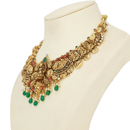 Antique Green Pink Stones Lakshmi Lotus Green Bead Drop 925 Sterling Silver Gold Plated Necklace for Women