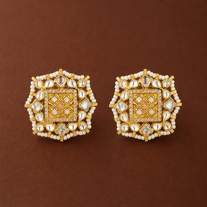 Antique Kundan Pearl 925 Sterling Silver Earrings