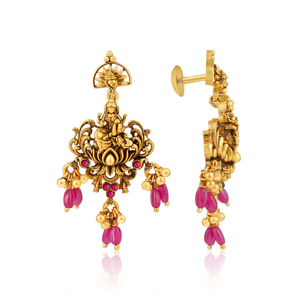 Antique Lakshmi Motif 925 Sterling Silver Pink Drop Earrings for Women
