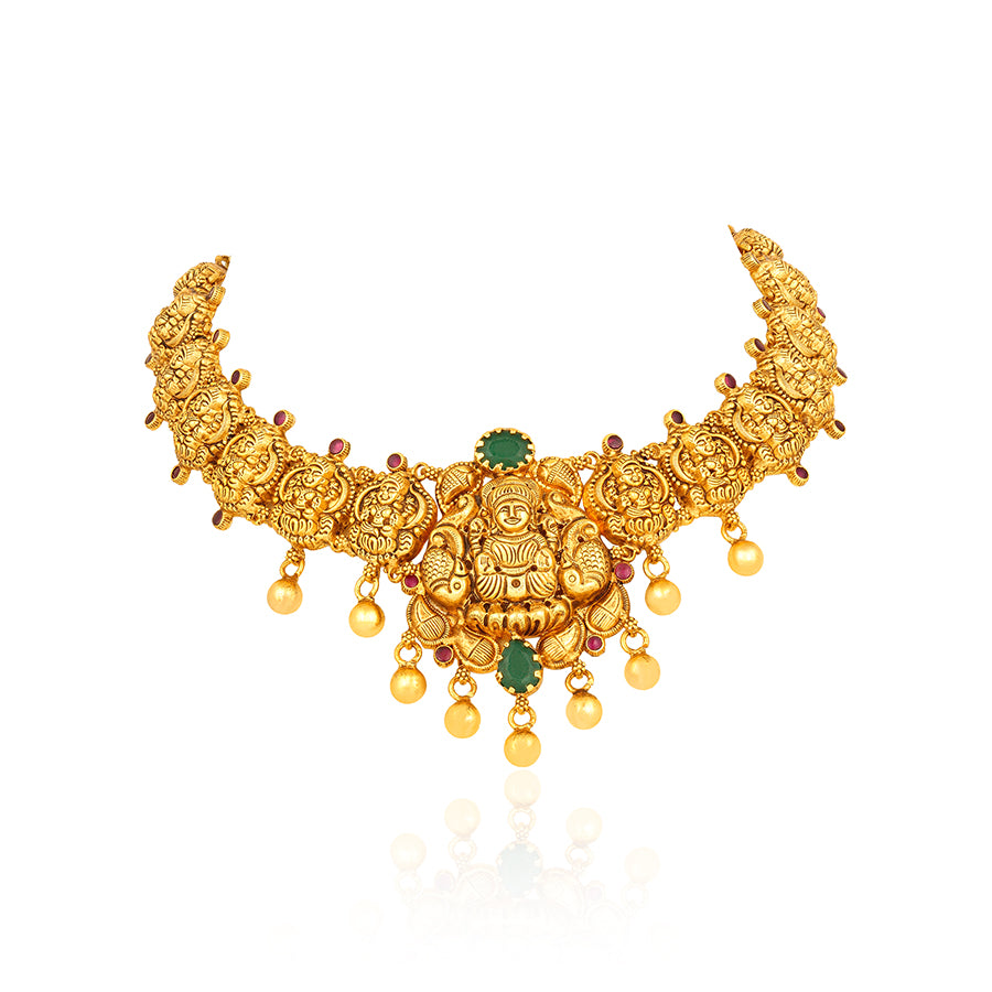 Antique Lakshmi Motif 925 Sterling Silver Gold Drop Necklace for women