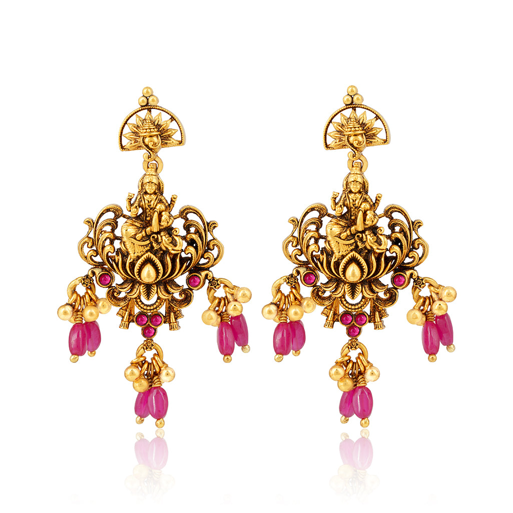 Antique Lakshmi Motif 925 Sterling Silver Pink Drop Earrings for Women