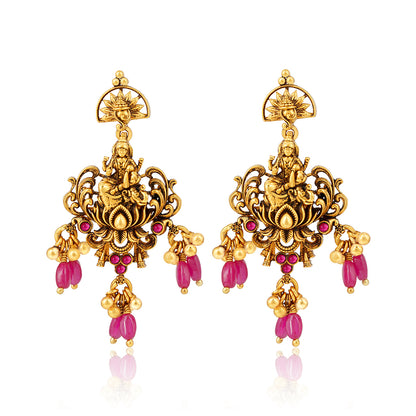 Antique Lakshmi Motif 925 Sterling Silver Pink Drop Earrings for Women