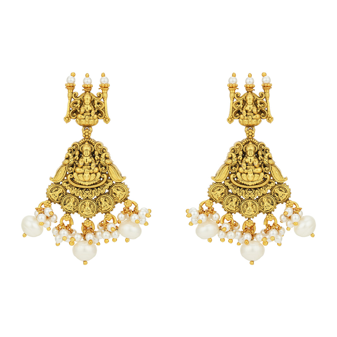 Antique Lakshmi Temple Pearl Fringe 925 Sterling Silver Gold Plated Earrings for Women