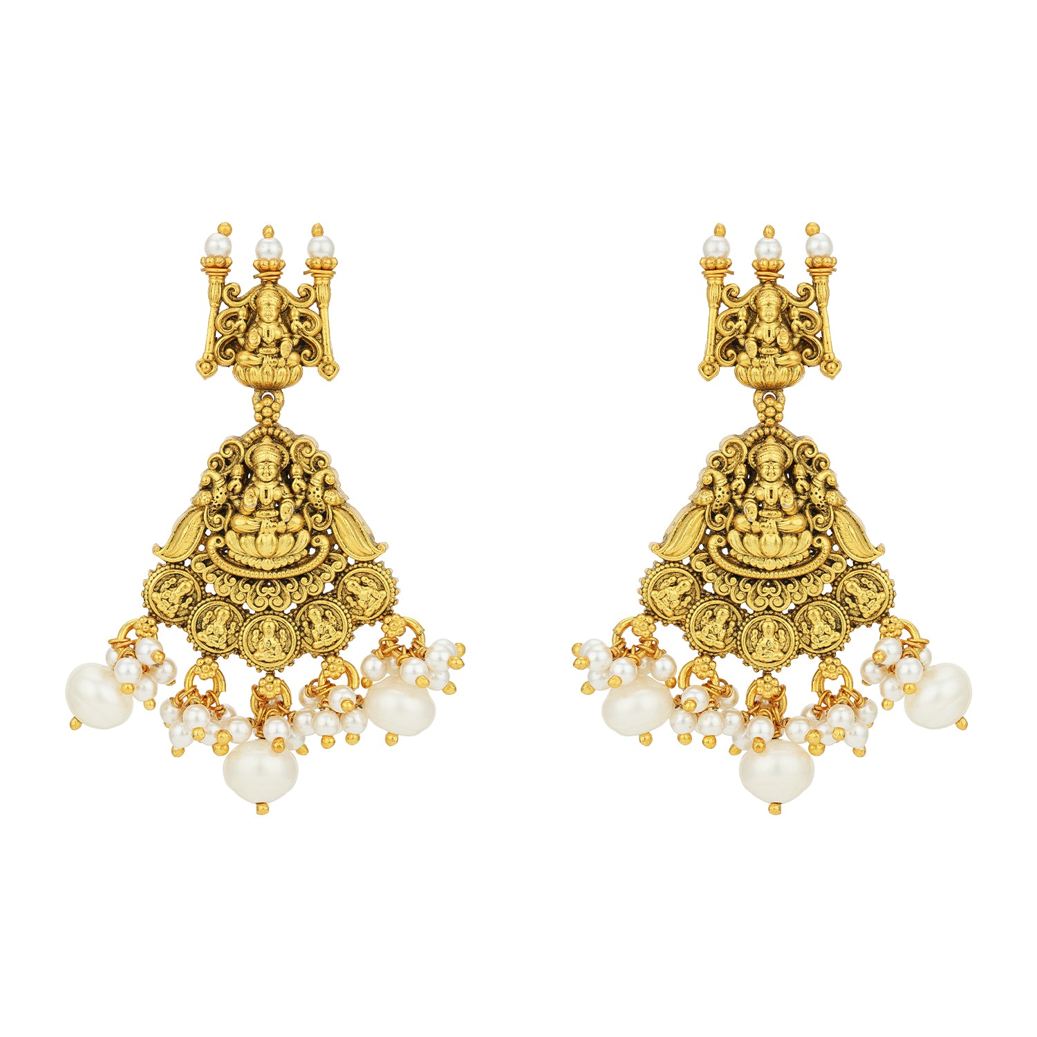 Antique Lakshmi Temple Pearl Fringe 925 Sterling Silver Gold Plated Earrings for Women