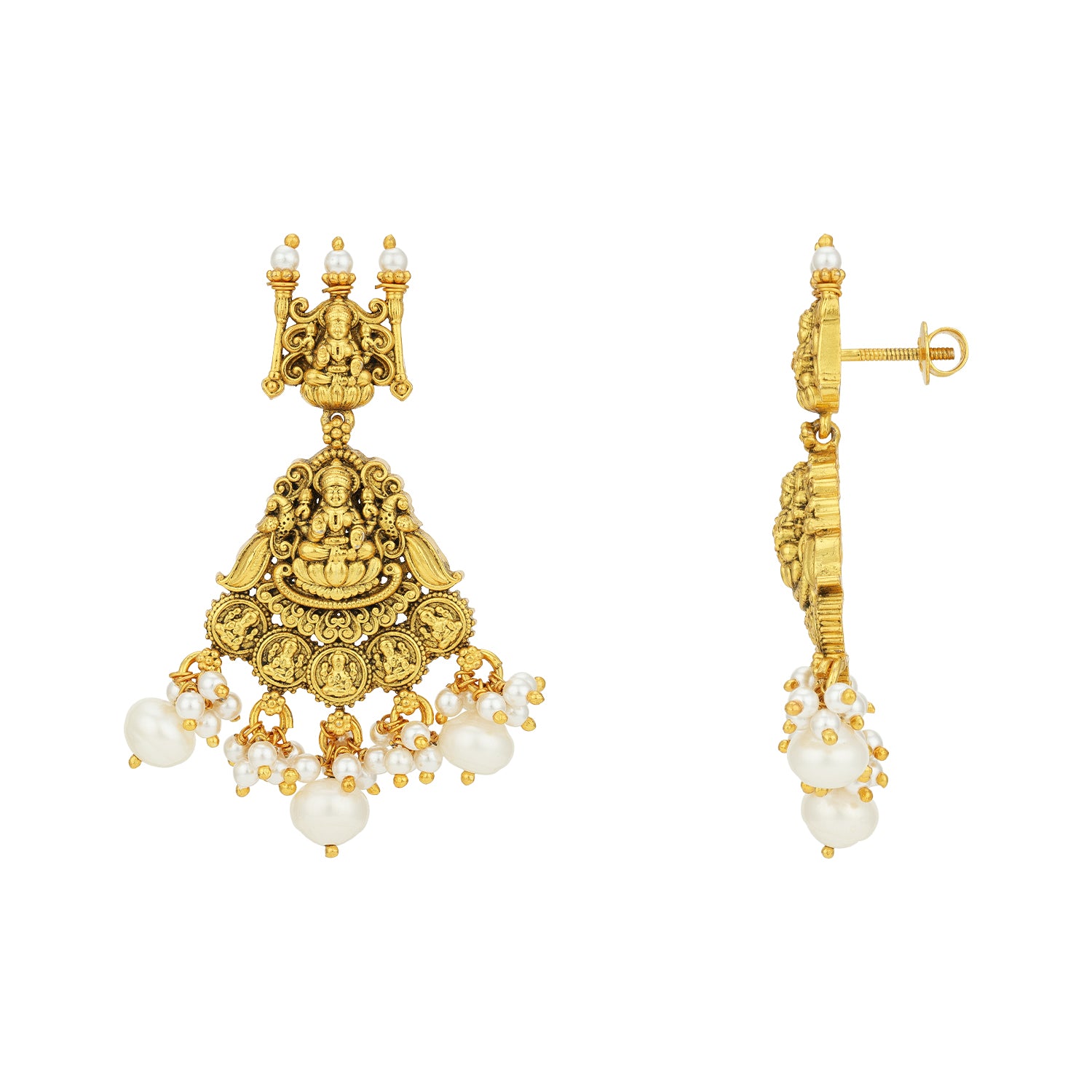 Antique Lakshmi Temple Pearl Fringe 925 Sterling Silver Gold Plated Earrings for Women