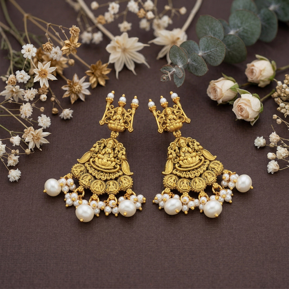 Antique Lakshmi Temple Pearl Fringe 925 Sterling Silver Gold Plated Earrings for Women