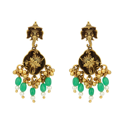 Antique Lord Ganesha Lotus Motif 925 Sterling Silver Green Drop Earring for Women