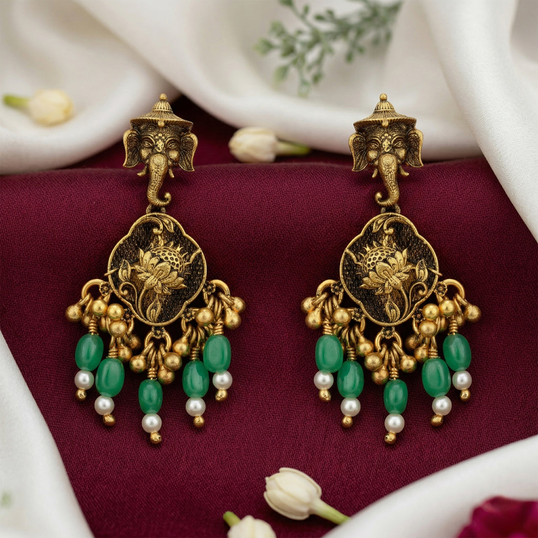 Antique Lord Ganesha Lotus Motif 925 Sterling Silver Green Drop Earring for Women