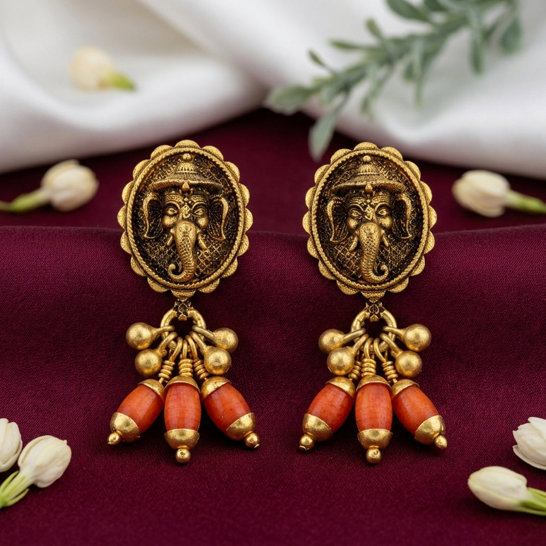 Antique Lord Ganesha Motif 925 Sterling Silver Coral Drop Earring for Women