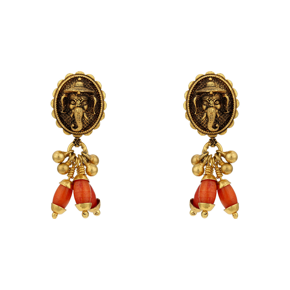 Antique Lord Ganesha Motif 925 Sterling Silver Coral Drop Earring for Women