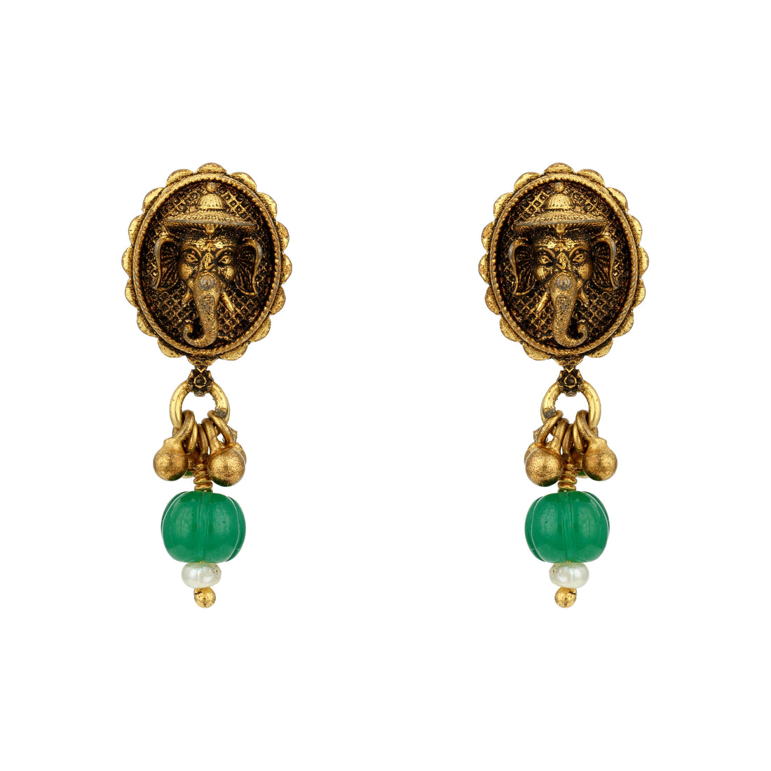 Antique Lord Ganesha Motif 925 Sterling Silver Green Drop Earring for Women