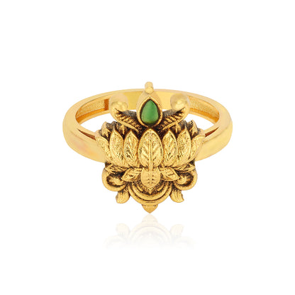Antique Lotus Blossom Statement 925 Sterling Silver Green Stone Ring for Women