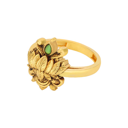 Antique Lotus Blossom Statement 925 Sterling Silver Green Stone Ring for Women