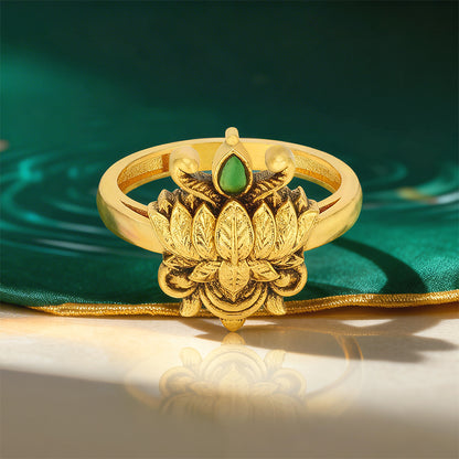 Antique Lotus Blossom Statement 925 Sterling Silver Green Stone Ring for Women