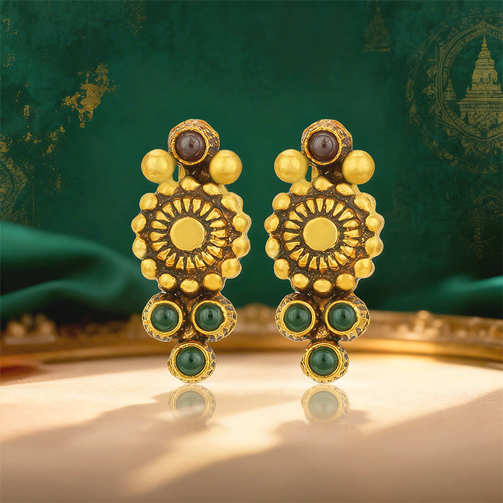 Antique Mandala Red Green Stone 925 Sterling Silver Gold Plated Earrings for Women