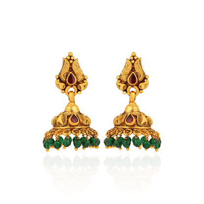 Antique Mango Motif 925 Sterling Silver Green Drop Jhumkas for Women
