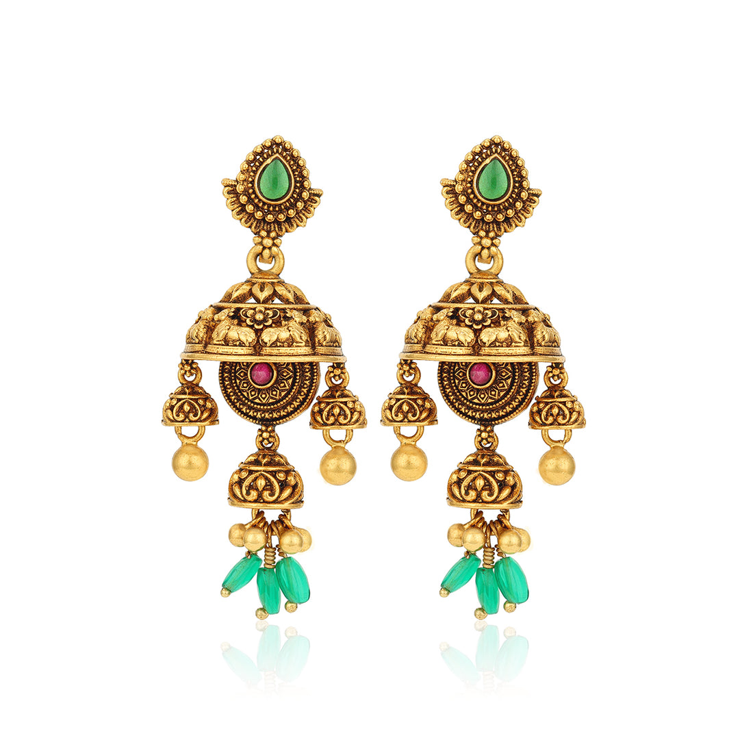 Antique Nandi Motif Temple 925 Sterling Silver Green Bead Drop Earrings for Women