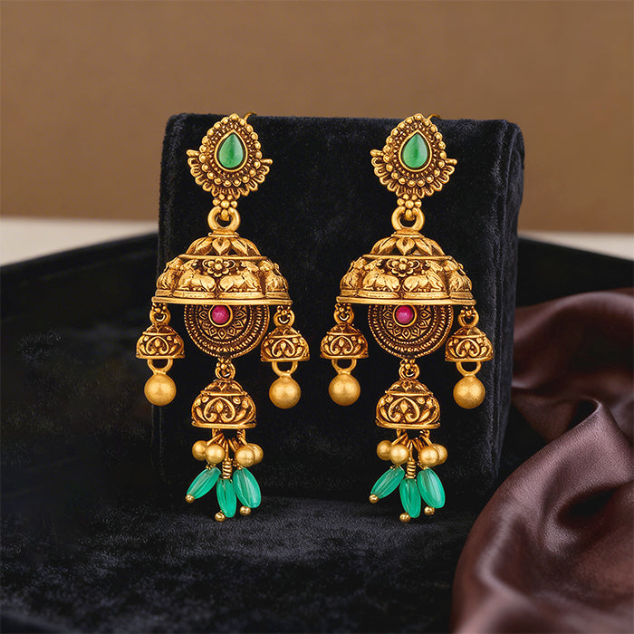 Antique Nandi Motif Temple 925 Sterling Silver Green Bead Drop Earrings for Women