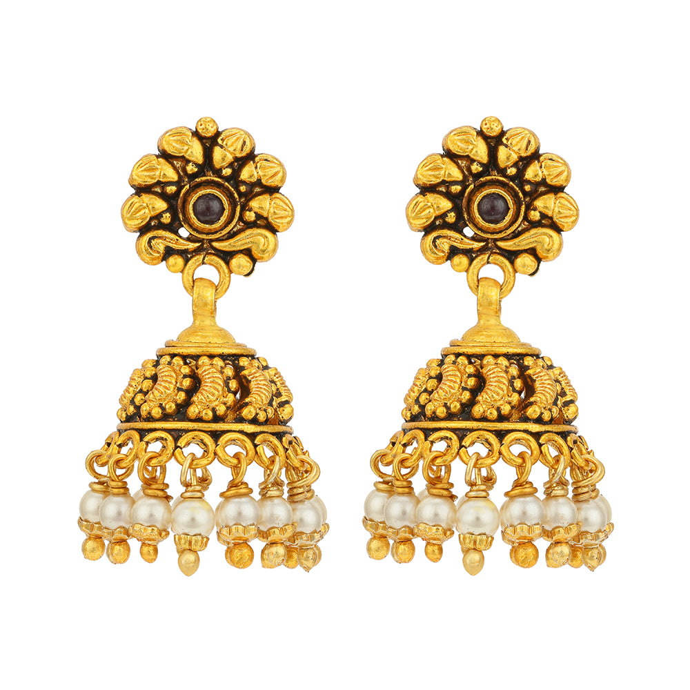 Antique Paisley Dome Gold Plated 925 Sterling Silver Pearl Drop Jhumka for Women