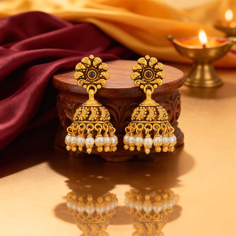 Antique Paisley Dome Gold Plated 925 Sterling Silver Pearl Drop Jhumka for Women