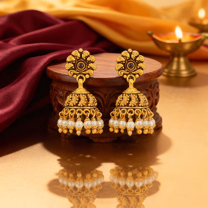 Antique Paisley Dome Gold Plated 925 Sterling Silver Pearl Drop Jhumka for Women