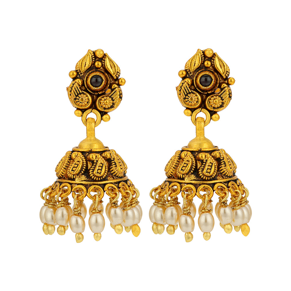 Antique Paisley Pearl Drop 925 Sterling Silver Gold Plated Jhumka for Women