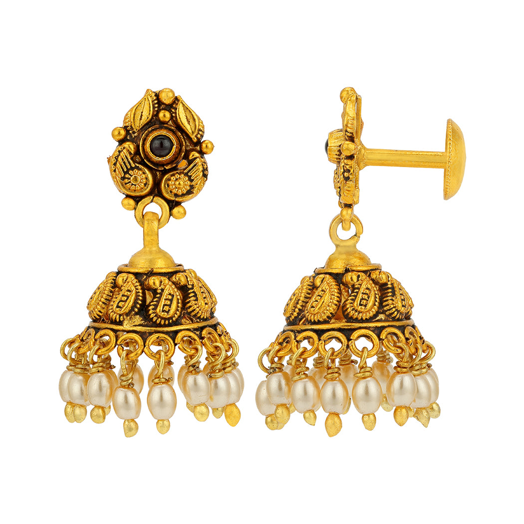 Antique Paisley Pearl Drop 925 Sterling Silver Gold Plated Jhumka for Women