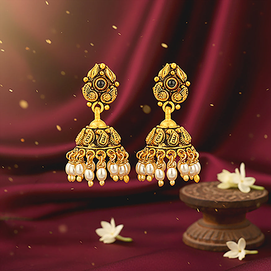 Antique Paisley Pearl Drop 925 Sterling Silver Gold Plated Jhumka for Women