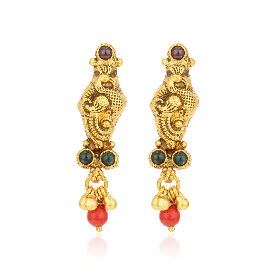 Antique Peacock Motif Coral Drop 925 Sterling Silver Gold Plated Earring for Women
