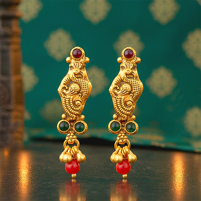 Antique Peacock Motif Coral Drop 925 Sterling Silver Gold Plated Earring for Women