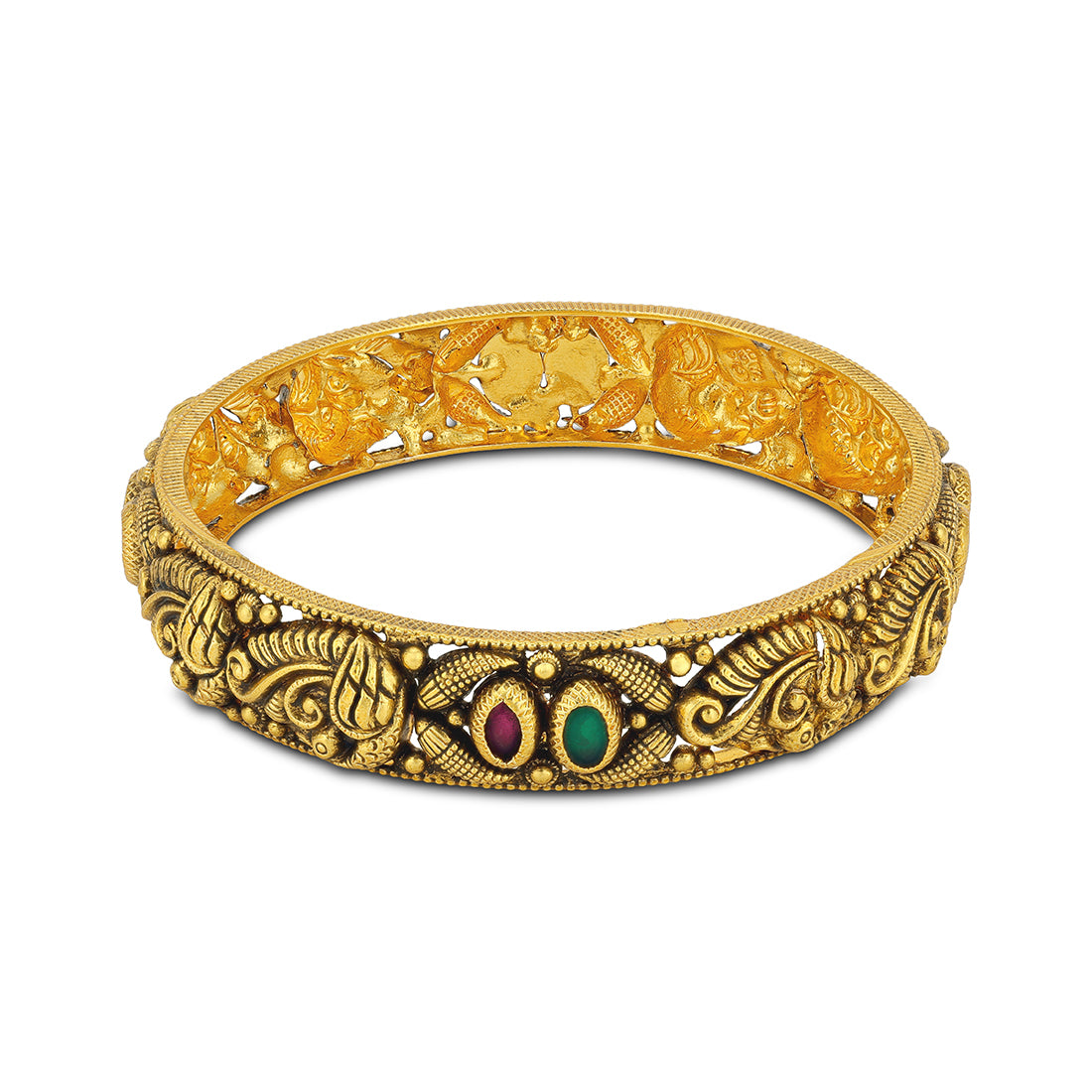 Antique Peacock Motif Red Green Stone 925 Sterling Silver Gold Plated Bangle for Women