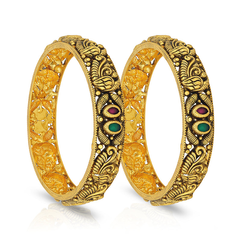 Antique Peacock Motif Red Green Stone 925 Sterling Silver Gold Plated Bangle for Women