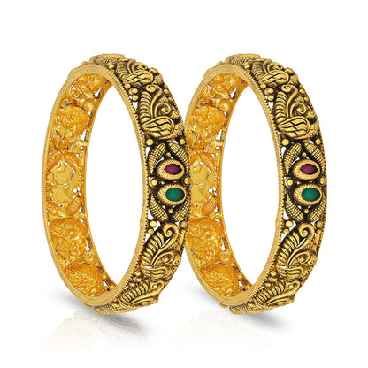 Antique Peacock Motif Red Green Stone 925 Sterling Silver Gold Plated Bangle for Women