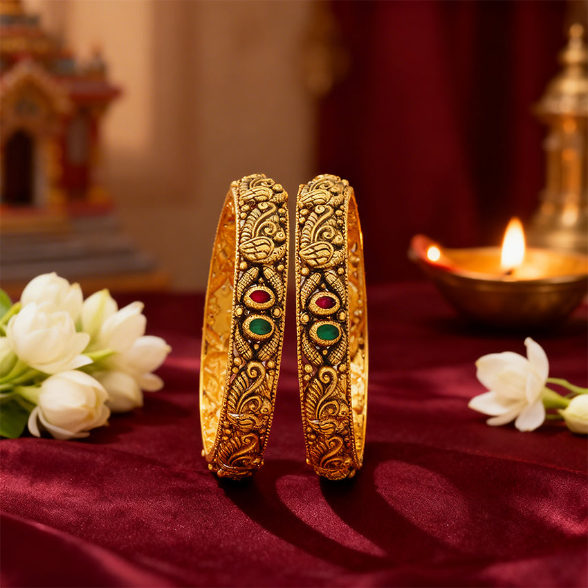 Antique Peacock Motif Red Green Stone 925 Sterling Silver Gold Plated Bangle for Women