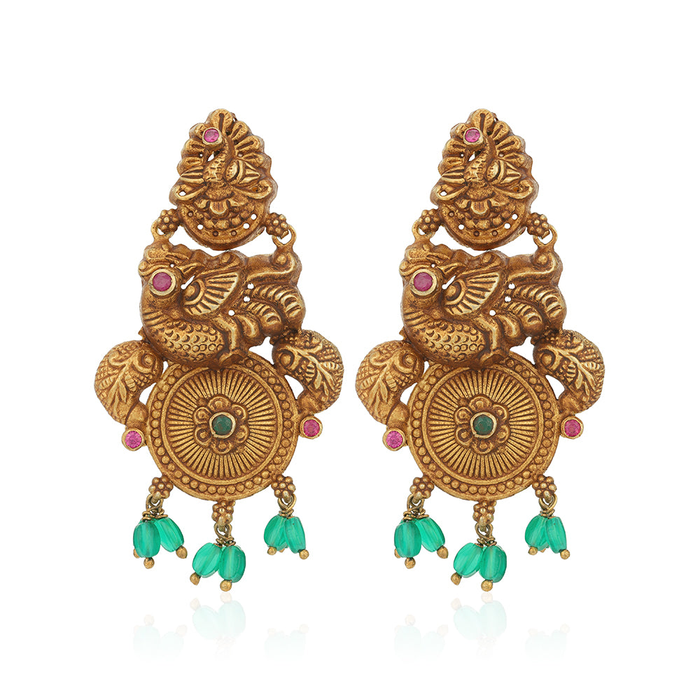 Antique Peacock Pattern 925 Sterling Silver Green Drop Earring for Women