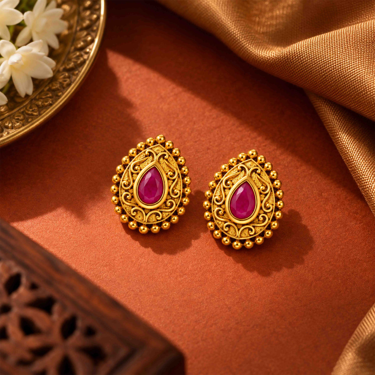 Antique Pink Ruby Teardrop Sterling Silver Studs