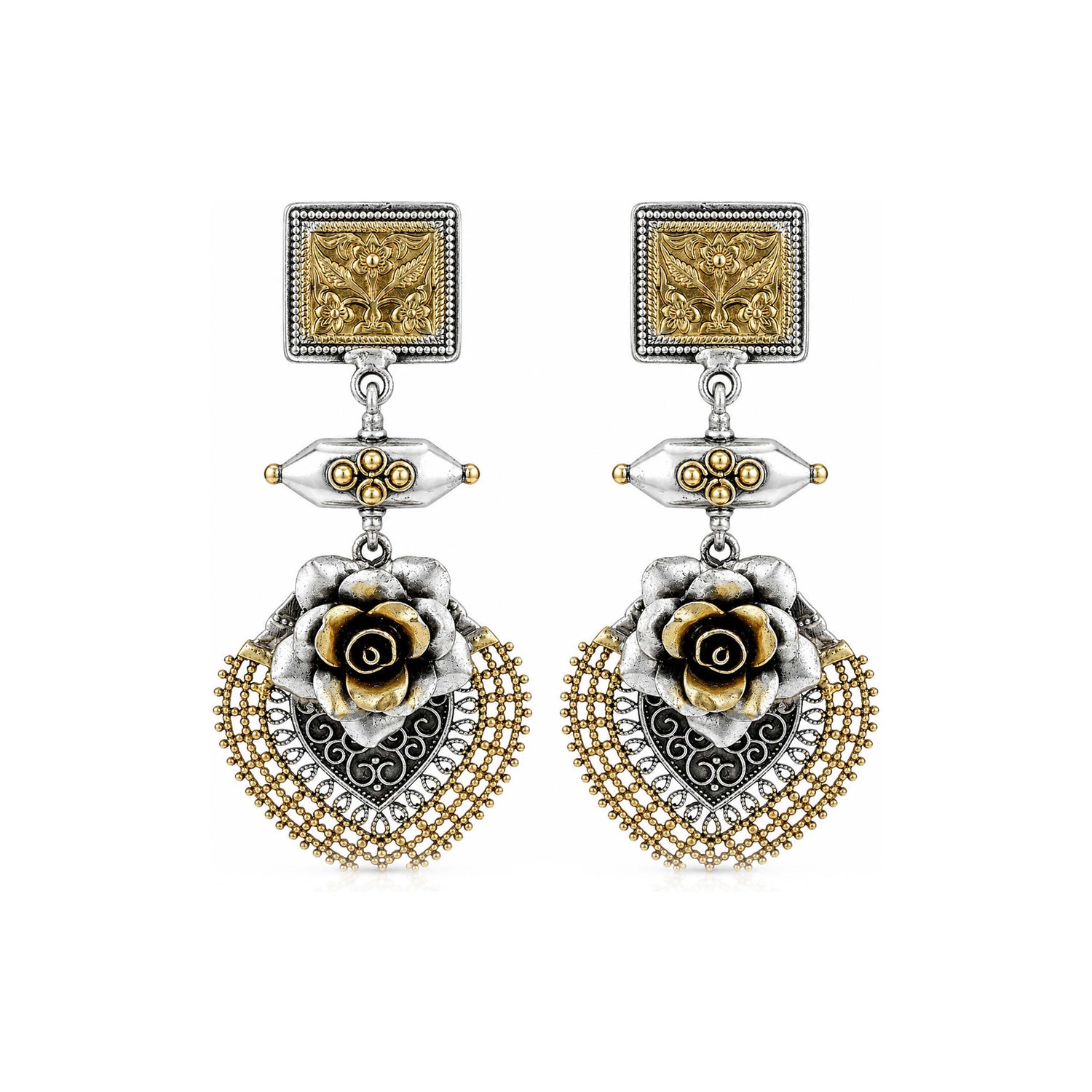 Antique Rose 925 Sterling Silver Dangle Earrings