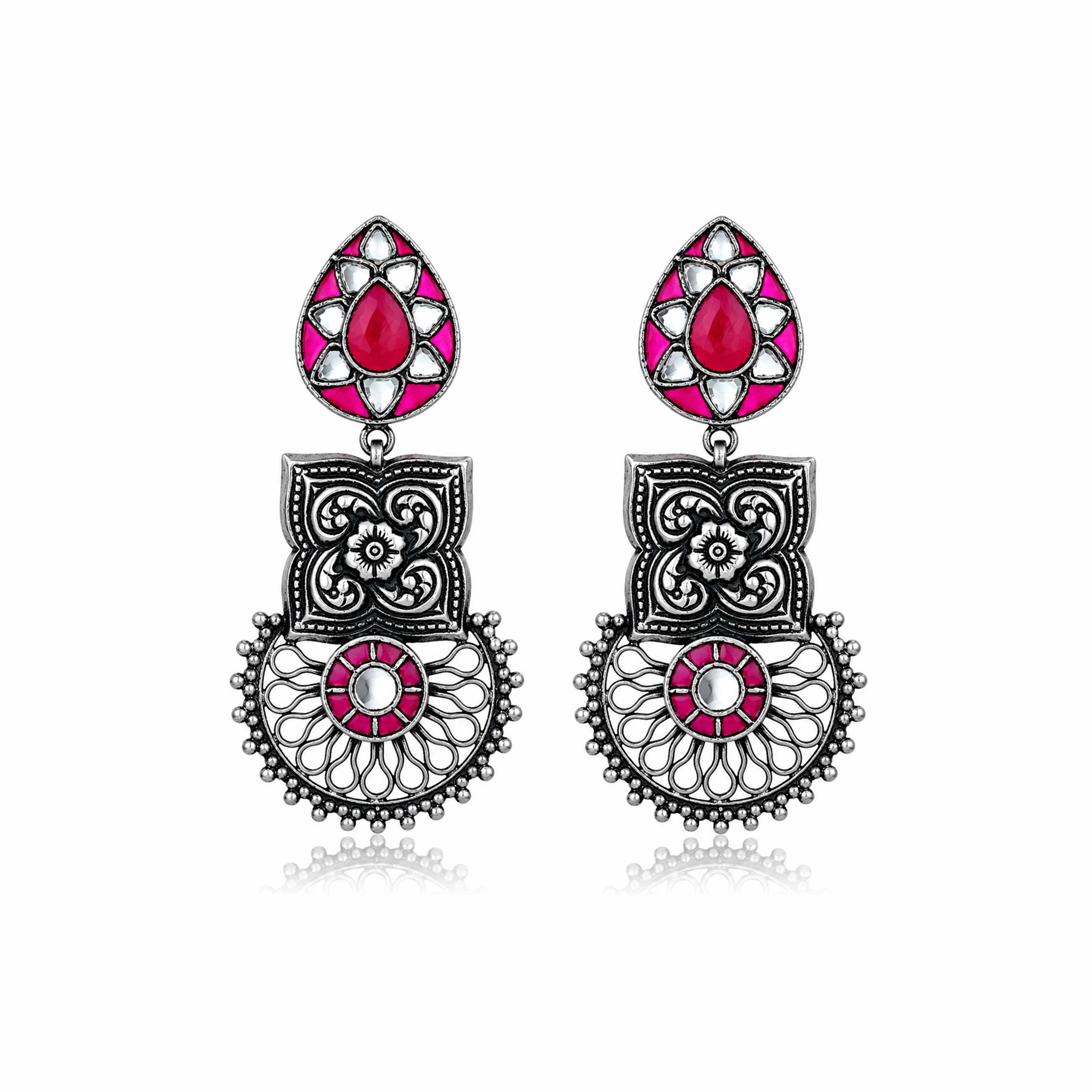 Antique Ruby Lotus 925 Sterling Silver Earring