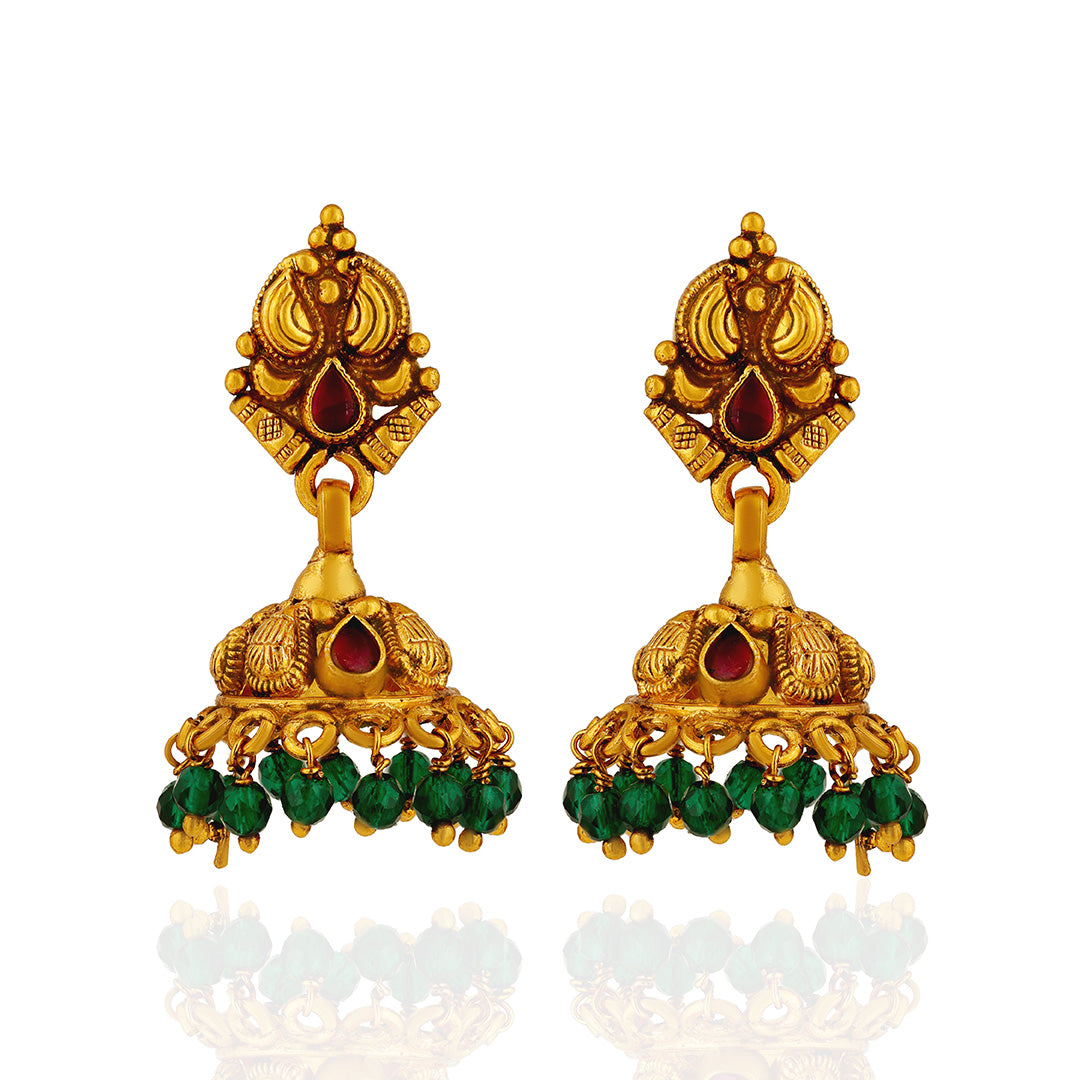 Antique Ruby 925 Sterling Silver  Green Bead Jhumkas for Women