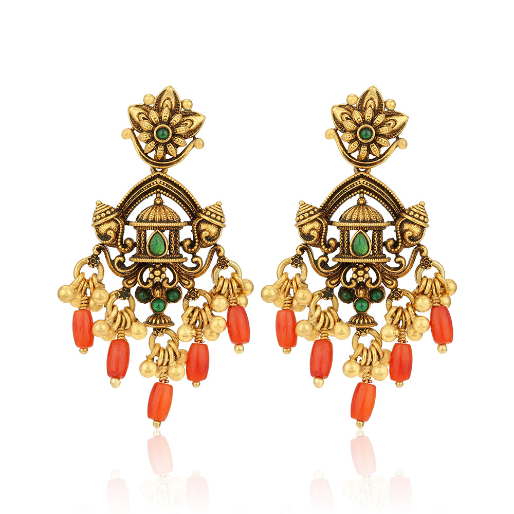 Antique Temple Arch Coral Drop 925 Sterling Silver Gold Plated Earrings for Women